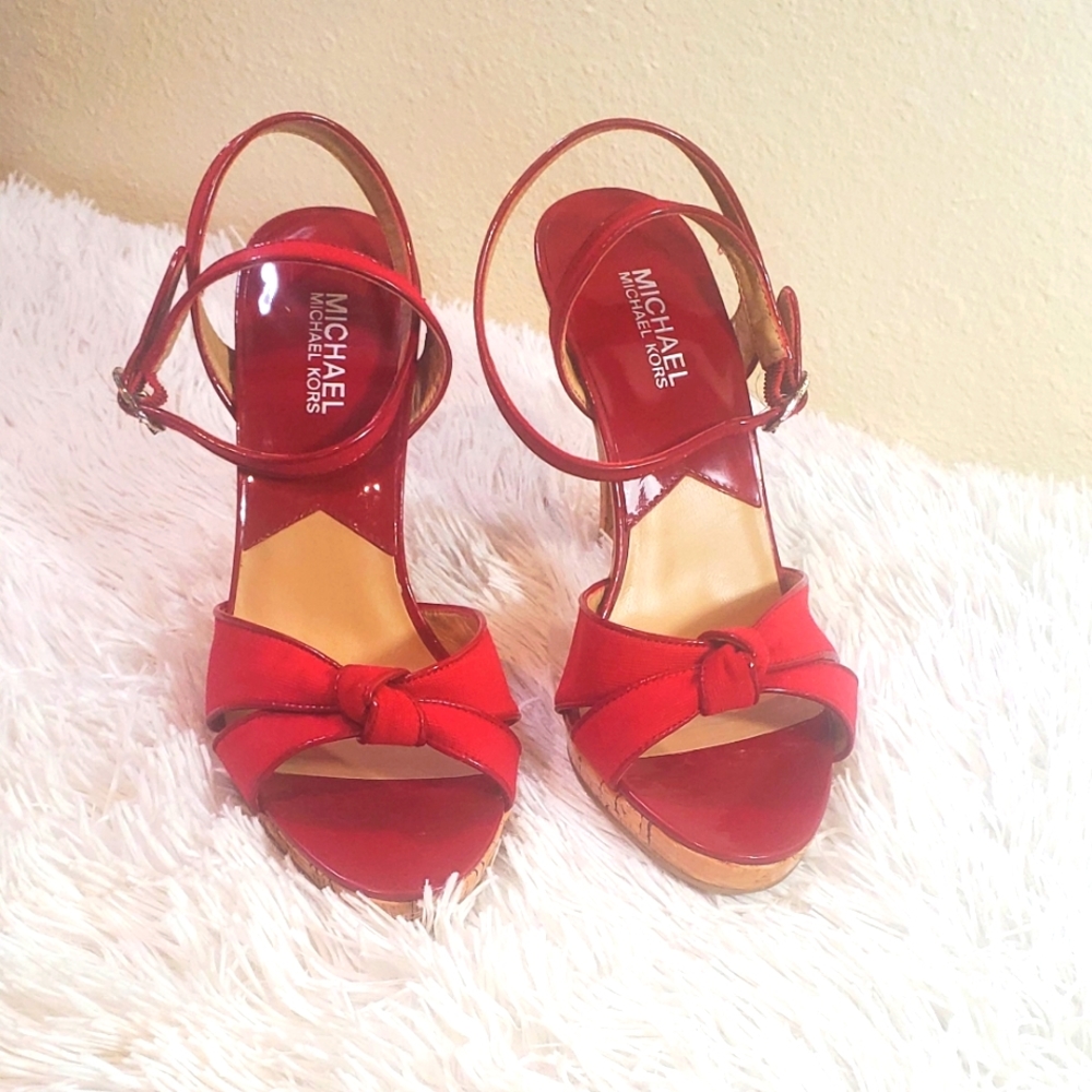 Michael Kors Red Patent Leather with bow at toe and Cork Base heels